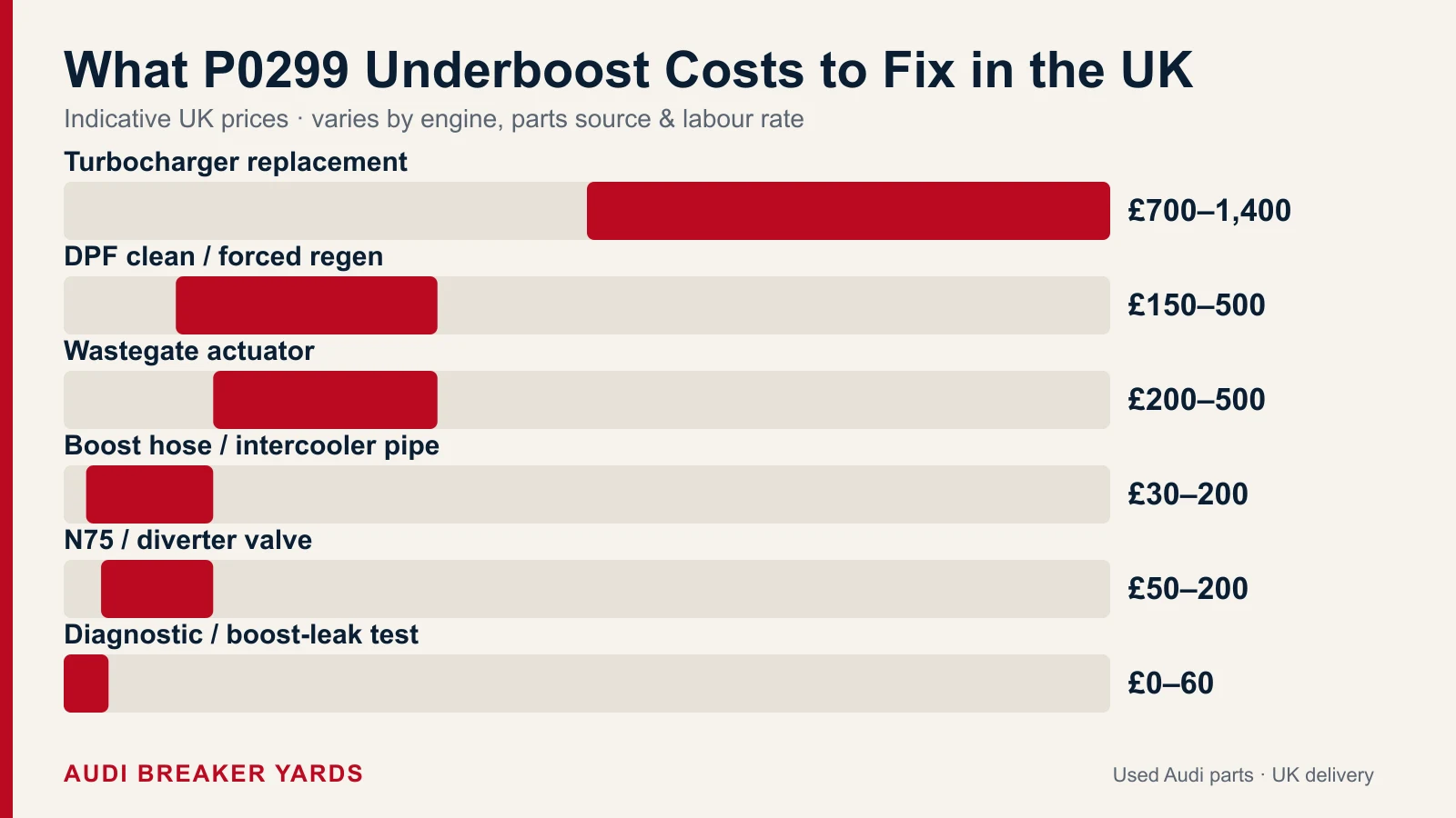 Audi/VW P0299 underboost UK costs: a boost hose 30 to 200 pounds versus a turbocharger replacement 700 to 1400, showing why the cheap fix is far more likely.