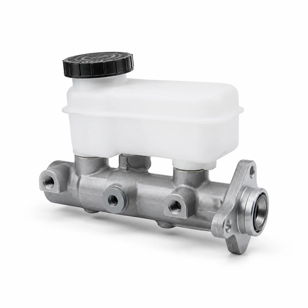 Used Audi A4 brake master cylinder with fluid reservoir on a workshop bench